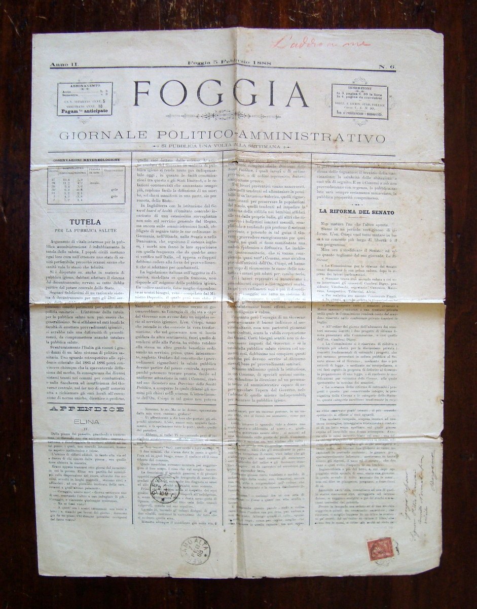 Foggia Anno II Numero 6 5 febbraio 1888 bisettimanale affrancatura … | Immagine principale