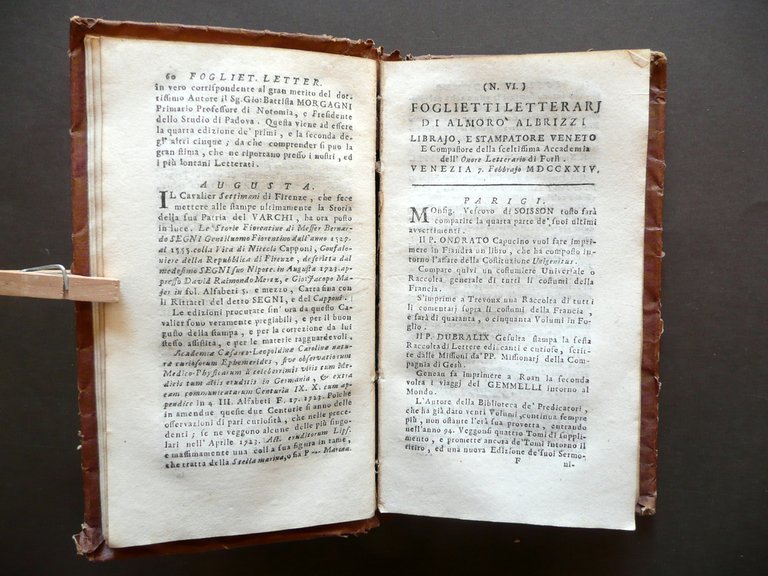Foglietti Letterarj Almoro Albrizzi Societ‡ Albriziana Venezia 1724 Tomo Primo