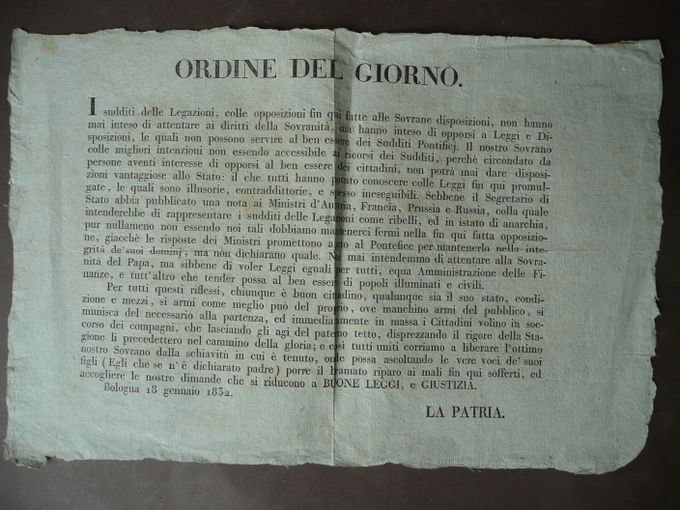 Foglio Clandestino 1832 Legazioni Pontificie Romagna Invito Rivolta Giustizia