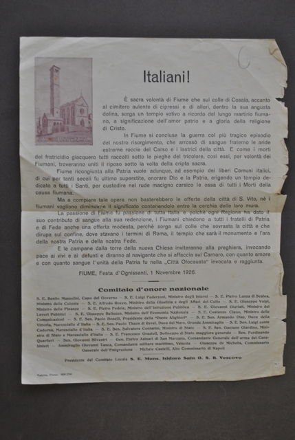 Foglio Istria Fiume Martirio Fiumano Risorgimento Tempio Votivo Cosala 1926