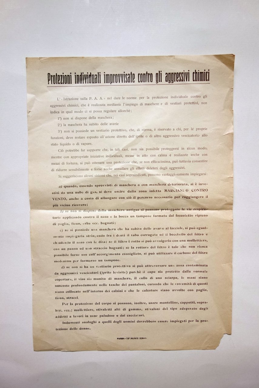 Foglio Protezioni individuali Improvvisate Contro Aggressivi Chimici Anni '40