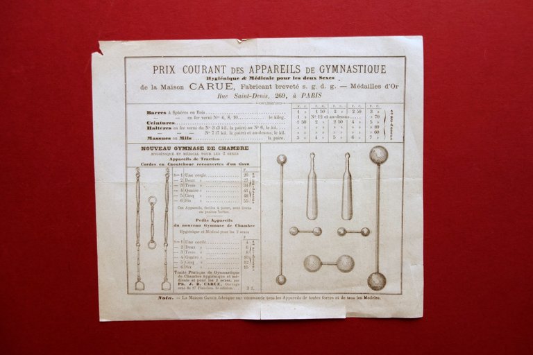 Foglio Pubblicit‡ Carue Attrezzature Apparecchi per Ginnastica Sport Fine '800