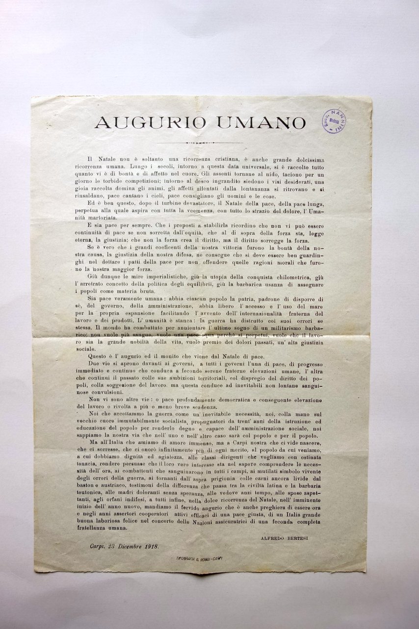 Foglio Volante Augurio Umano Alfredo Bertesi Carpi 23/12/1918 Socialismo Pace