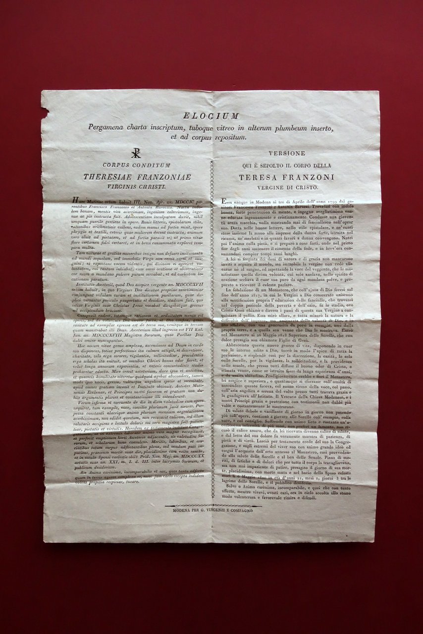 Foglio Volante Elogium Pergamena Inscriptum Vita Teresa Franzoni Modena 1820