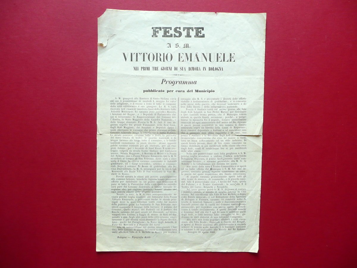 Foglio Volante Feste Vittorio Emanuele II Tre Giorni in Bologna …