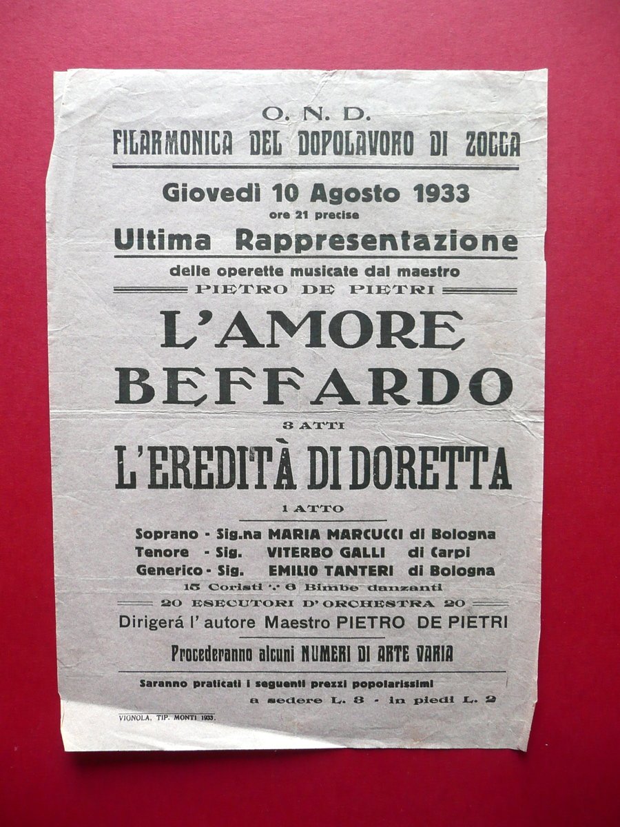 Foglio Volante Filarmonica Dopolavoro di Zocca L'Amore Beffardo Vignola 1933