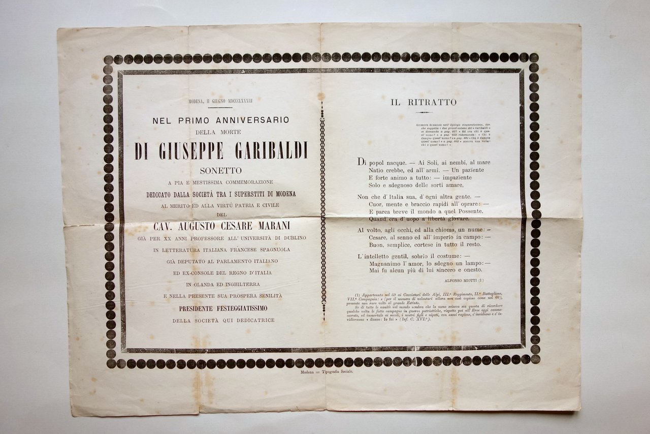 Foglio Volante I∞ Anniversario Morte Garibaldi Sonetto Miotti Modena 1883