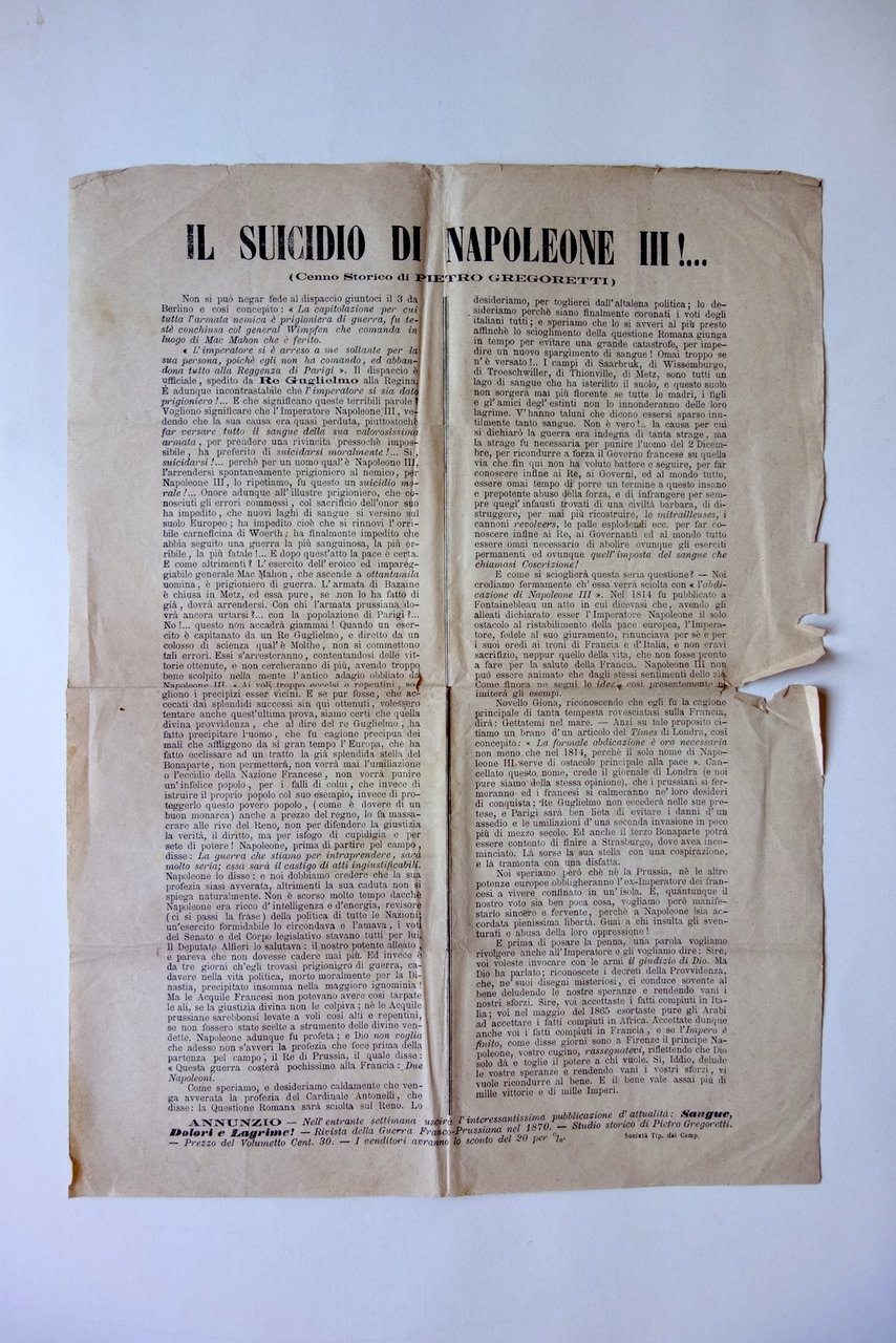 Foglio Volante il Suicidio di Napoleone III Guerra Prussia Questione …