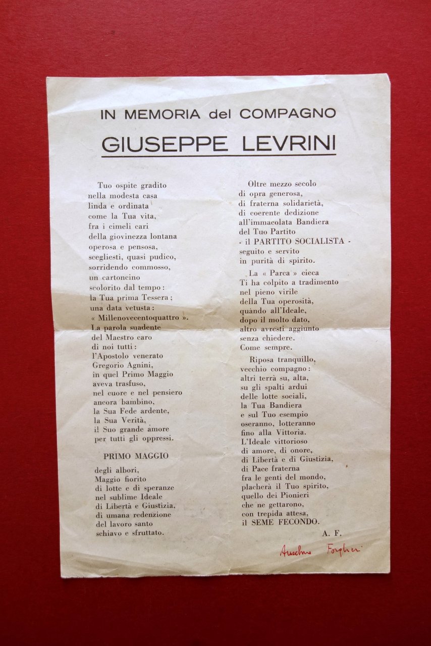 Foglio Volante in Memoria del Compagno Giuseppe Levrini Modena Socialismo | Immagine principale