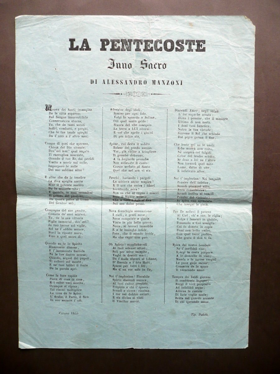 Foglio Volante la Pentecoste Inno Sacro di Alessandro Manzoni DaldÚ … | Immagine principale