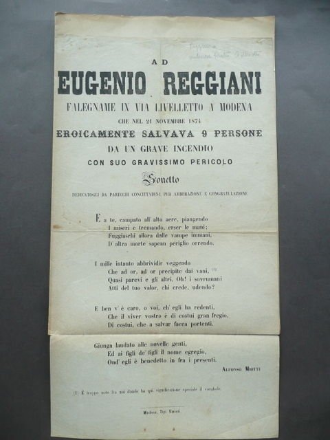 Foglio Volante Lode Sonetto Falegname Modena Incendio Salvate Nove Persone … | Immagine principale