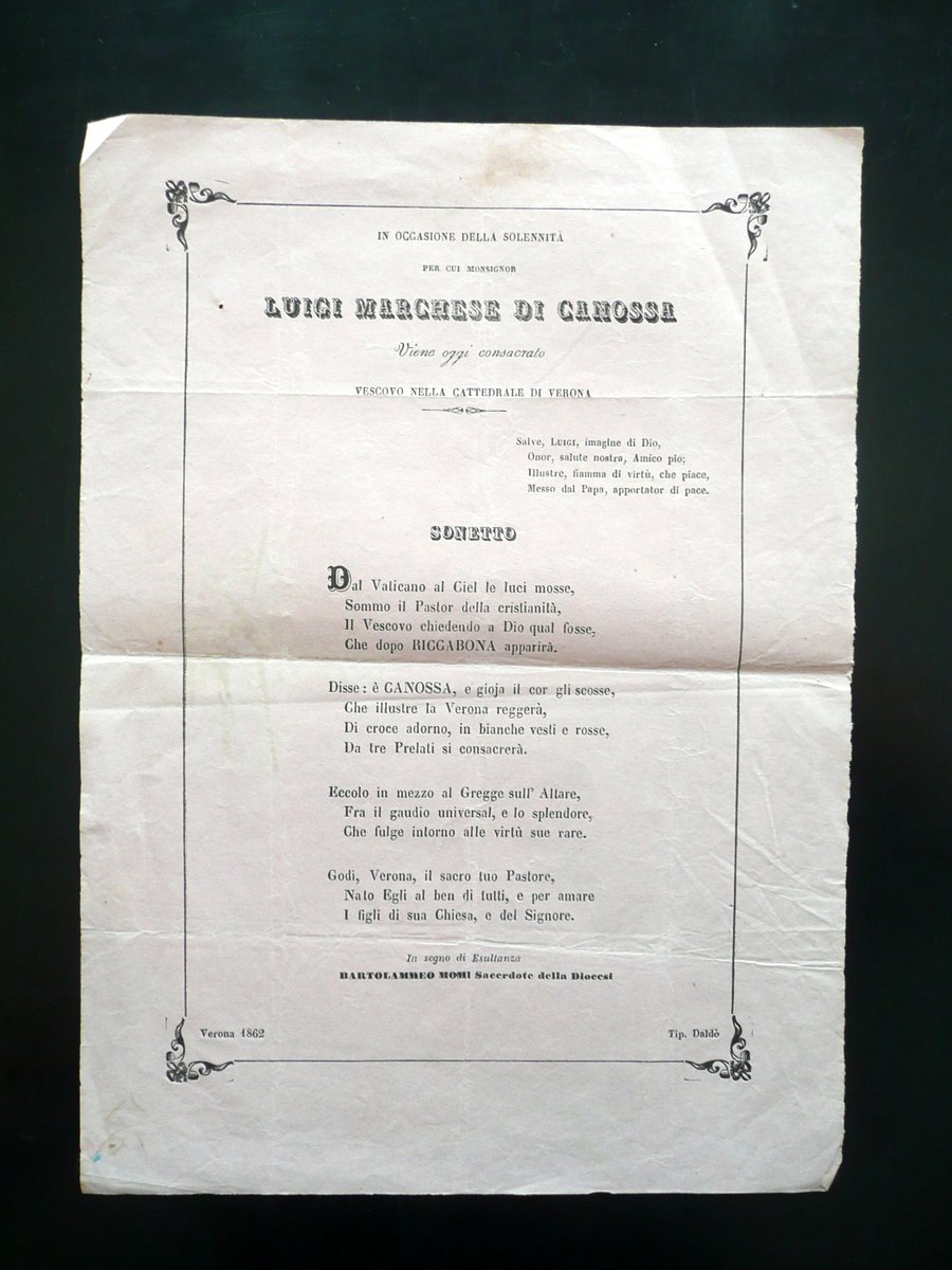 Foglio Volante Luigi Marchese di Canossa Consacrazione a Vescovo Sonetto …