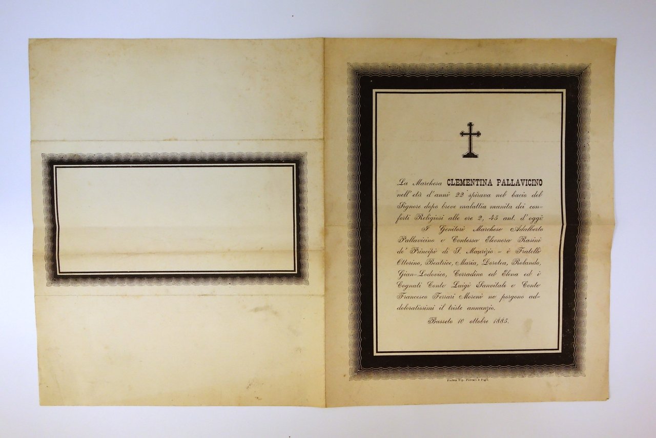Foglio Volante Marchesa Clementina Pallavicino Annuncio del Decesso Busseto 1885