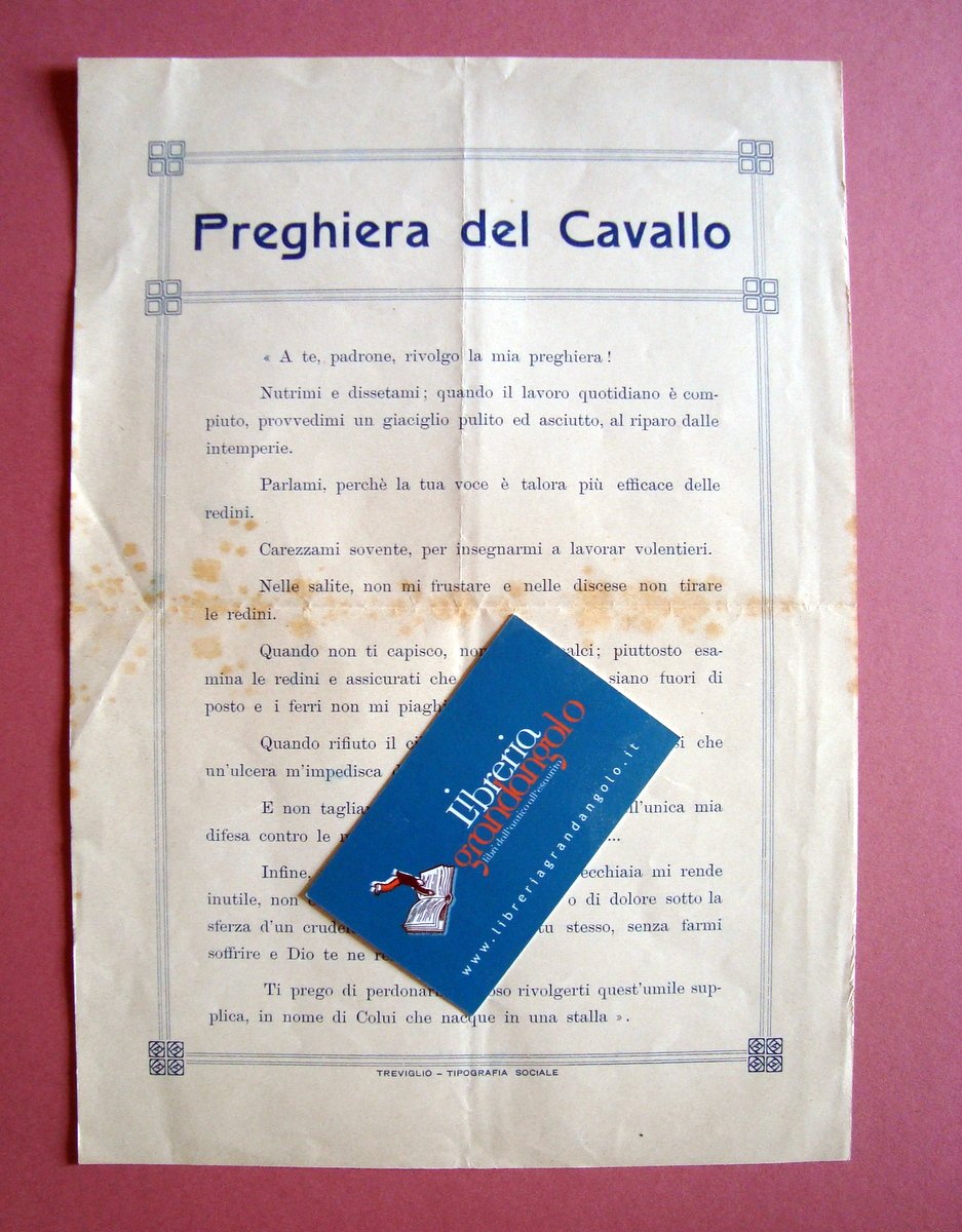 Foglio Volante Preghiera del Cavallo Treviglio Tip. Sociale anni '20