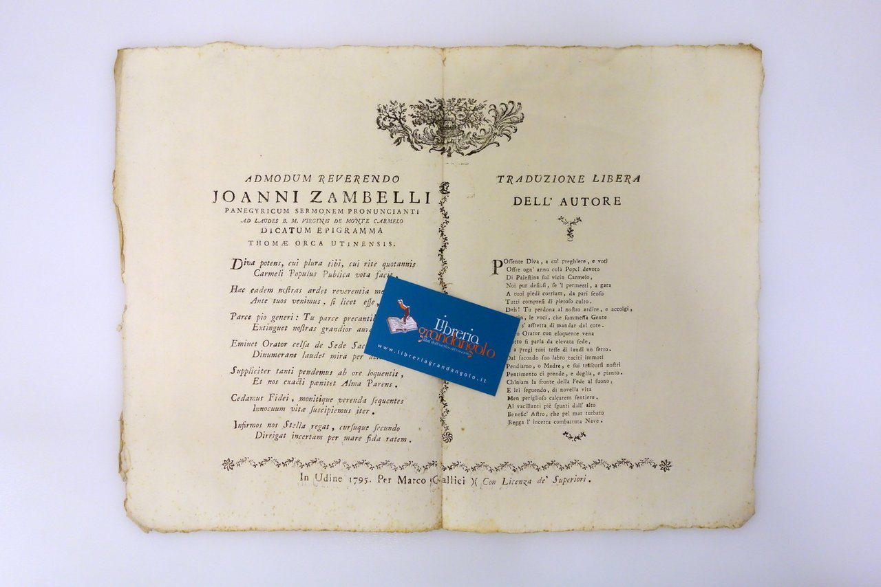 Foglio Volante Sonetto G. Zambelli Monte Carmelo Gallici Udine 1795 | Immagine principale