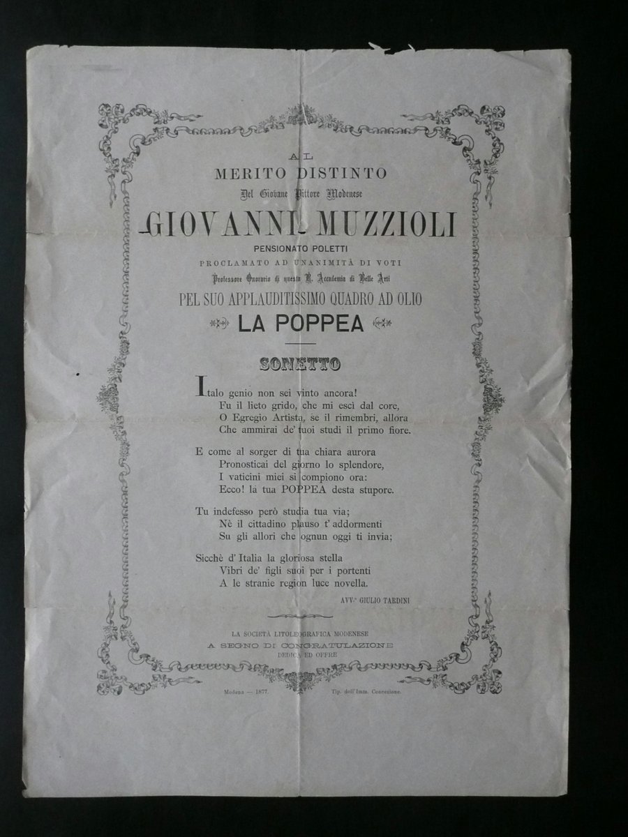 Foglio Volante Sonetto Giovanni Muzzioli Pittore Pensionato Poletti Modena 1877