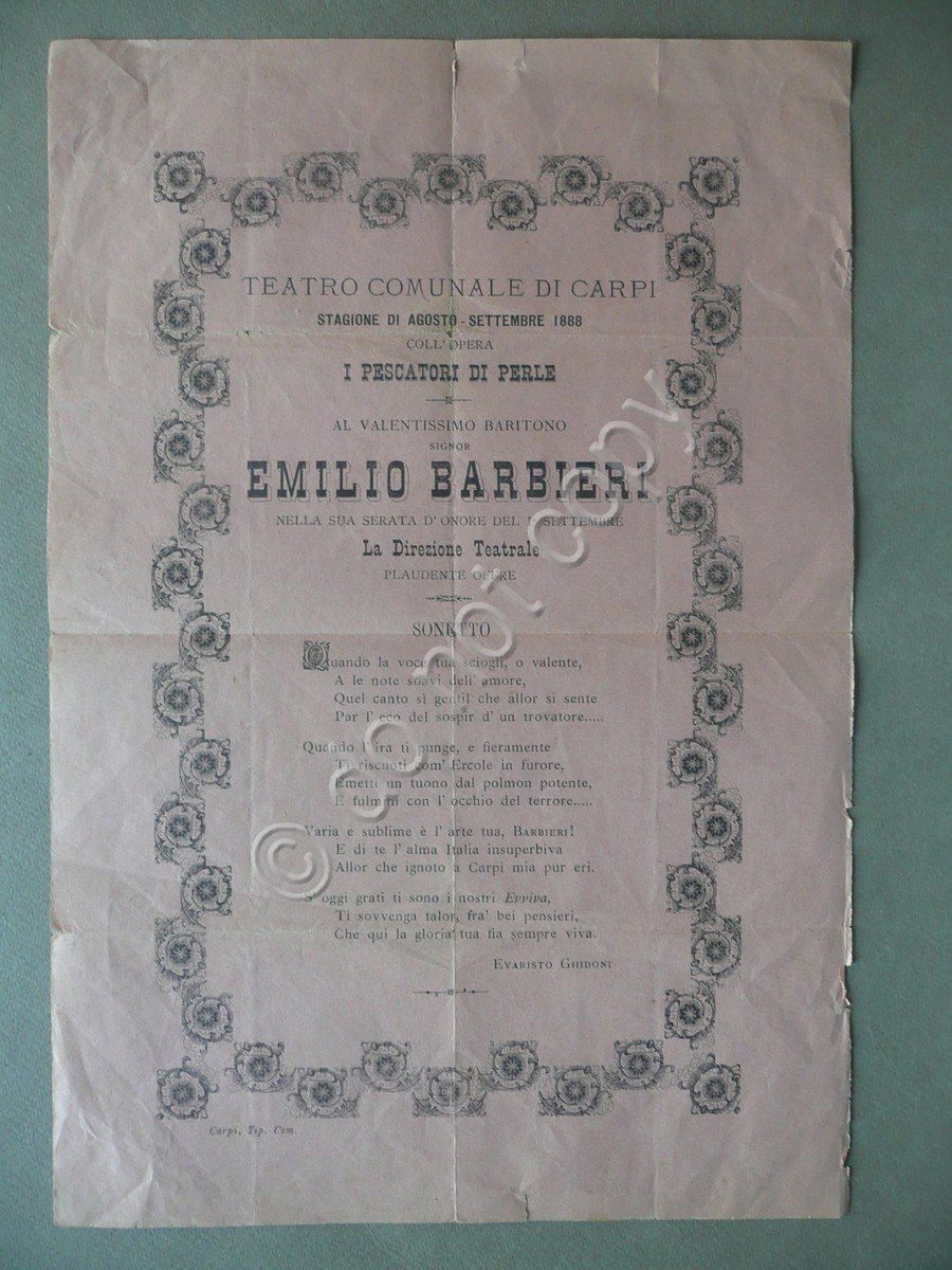 Foglio Volante Sonetto Teatro Carpi i Pescatori di Perle Barbieri …