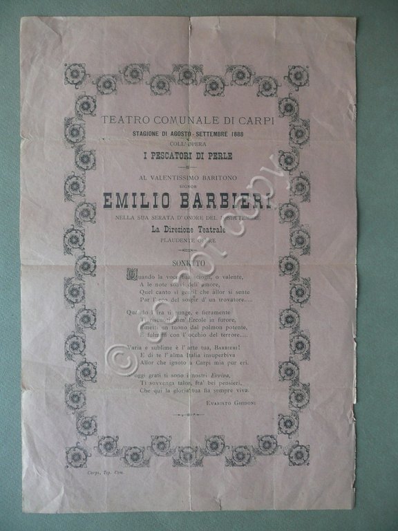 Foglio Volante Sonetto Teatro Carpi i Pescatori di Perle Barbieri Baritono 1888