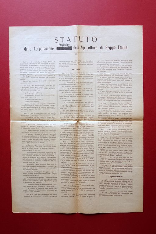 Foglio Volante Statuto Corporazione Provinciale Agricoltura Reggio Emila 1923