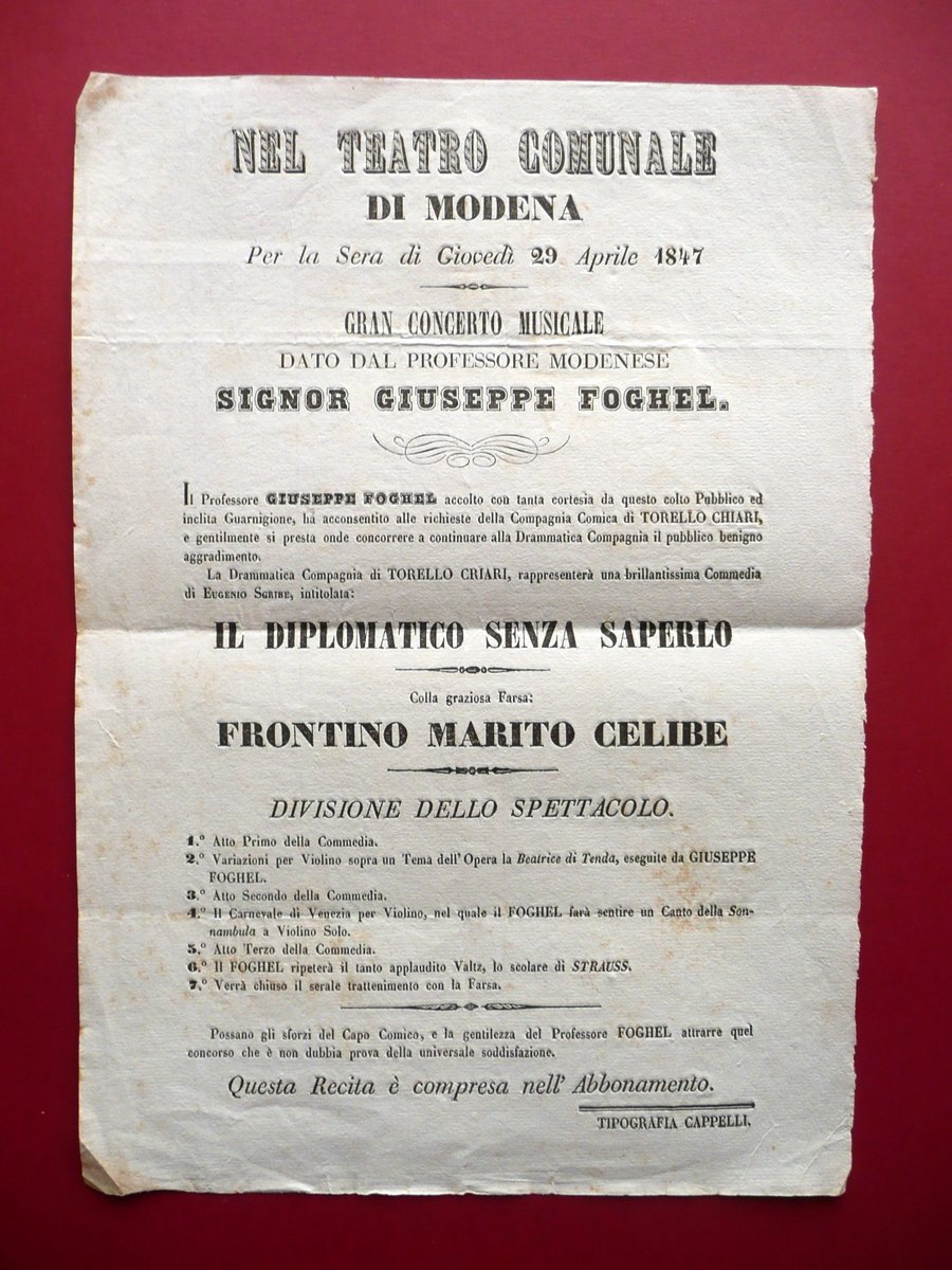 Foglio Volante Teatro Comunale di Modena Concerto G. Foghel Violino …