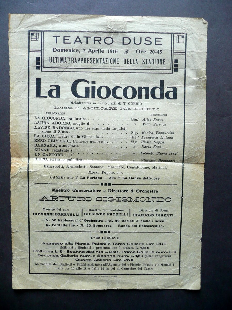 Foglio Volante Teatro Duse La Gioconda Melodramma Gorrio Ponchielli 1916