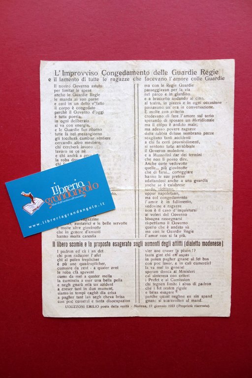 Foglio Volante Uguzzoni Emilio Poeta della Verit‡ Dialetto Modena 17/1/1923