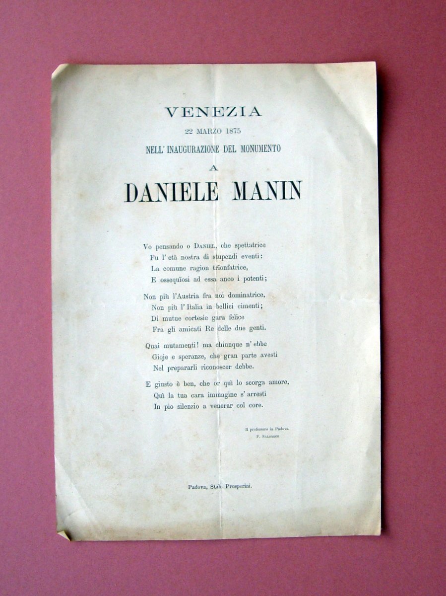 Foglio Volante Venezia 1875 Inaugurazione Monumento Daniele Manin