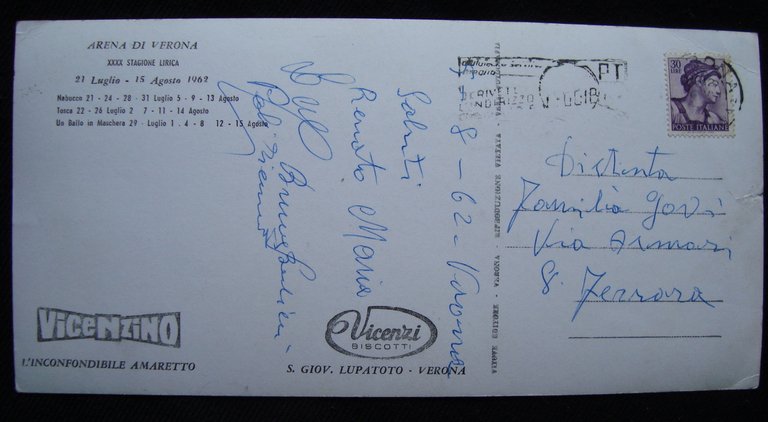 Fotocartolina Arena di Verona 1962 XXXX Stagione Lirica viaggiata