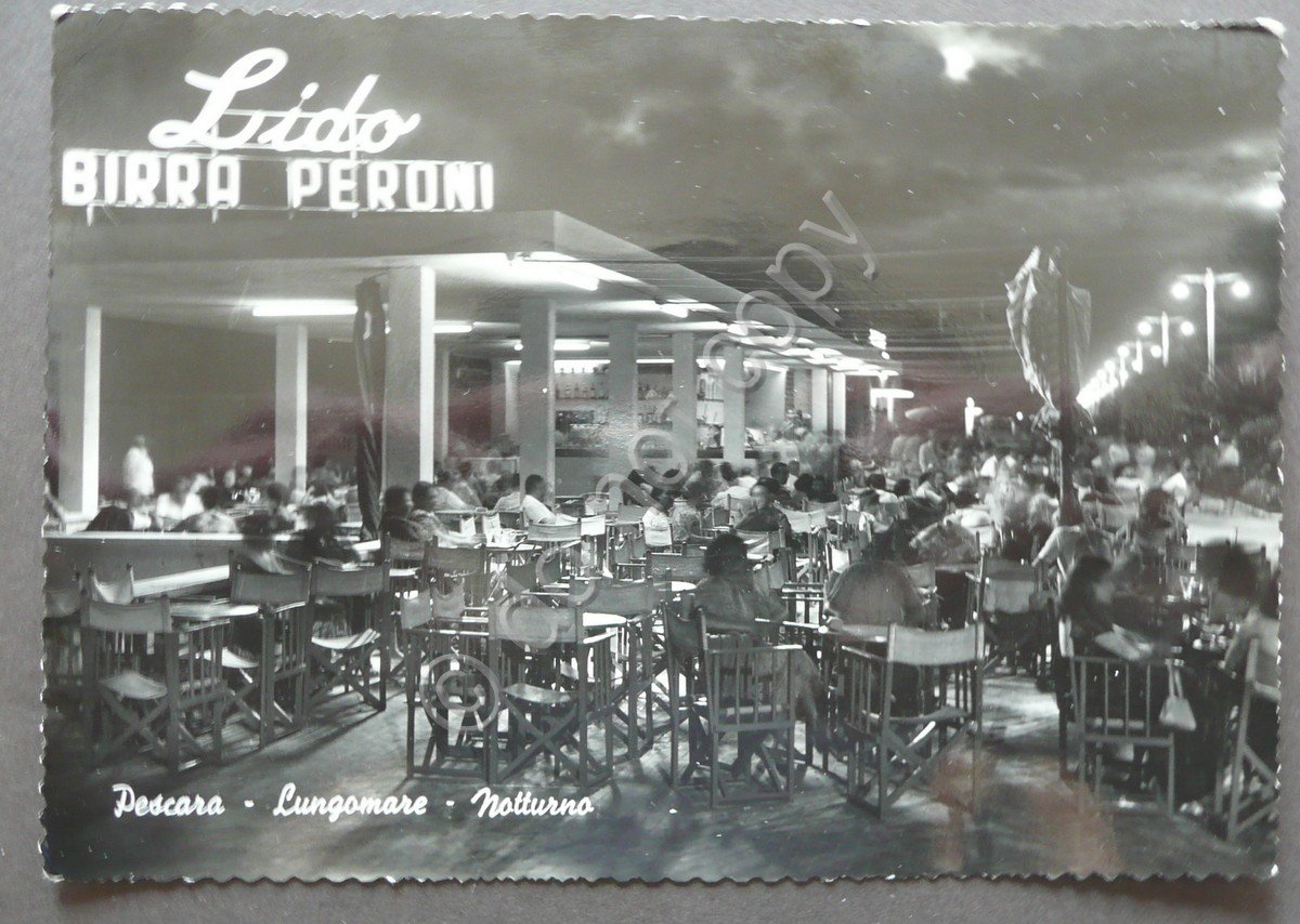 Fotocartolina Lido Birra Peroni Lungomare Notturno Pescara 1955