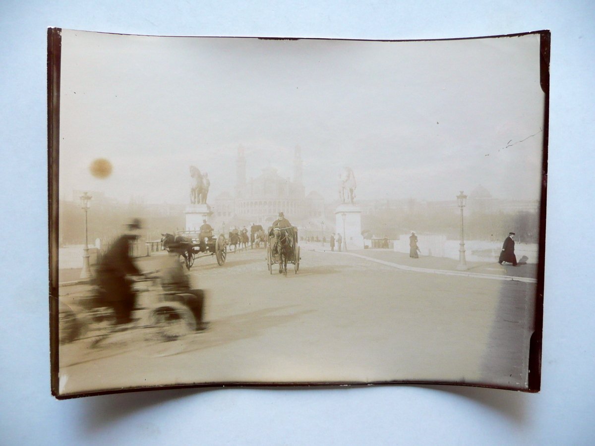 Fotografia Originale Parigi Trocadero Ponte Animata Carrozze Bicicletta 1904