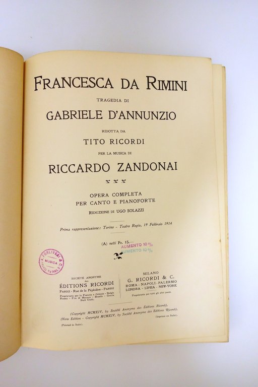 Francesca da Rimini Gabriele d'Annunzio Musica di Riccardo Zandonai Ricordi …