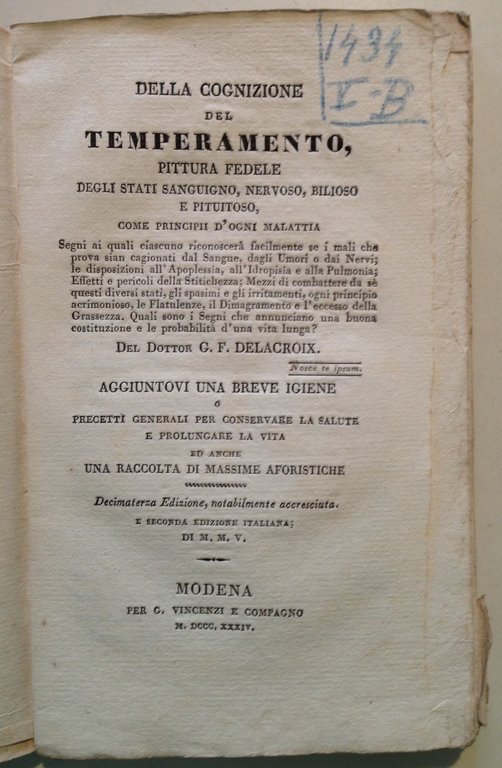 G. F. Delacroix Della Cognizione del Temperamento Stato Sanguigno Nervoso …