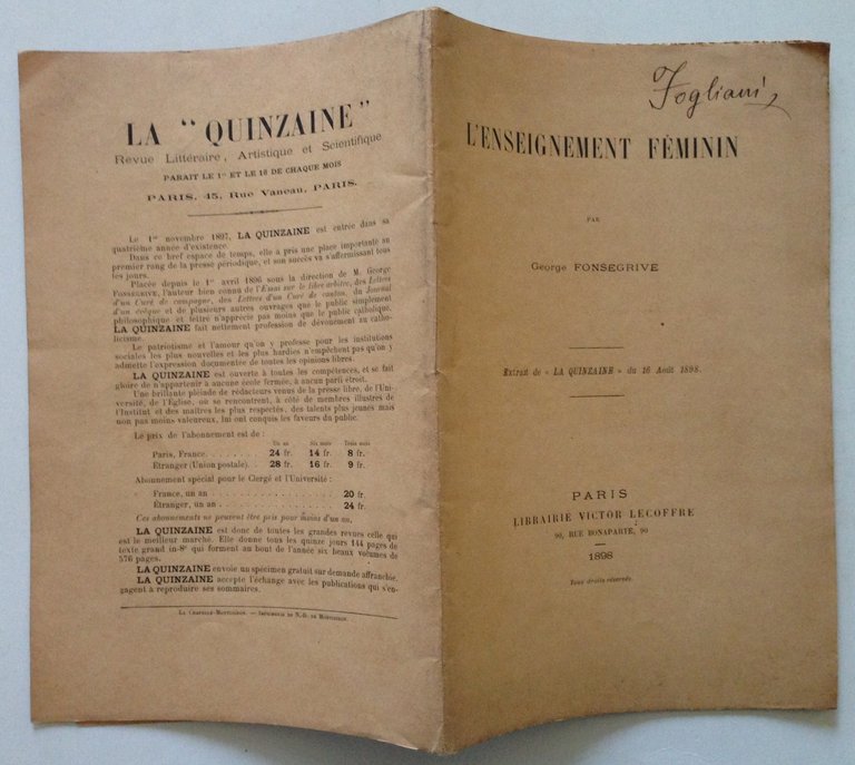 G Fonsegrive L'Enseignement FÈminin Femminismo Librairie V Lecoffre Paris 1898