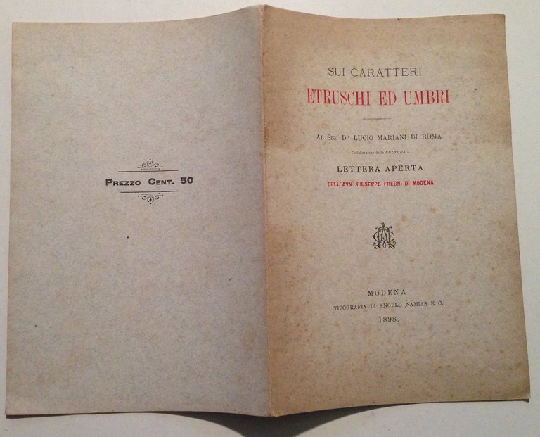 G Fregni Sui Caratteri Etruschi ed Umbri Al Signor Lucio …