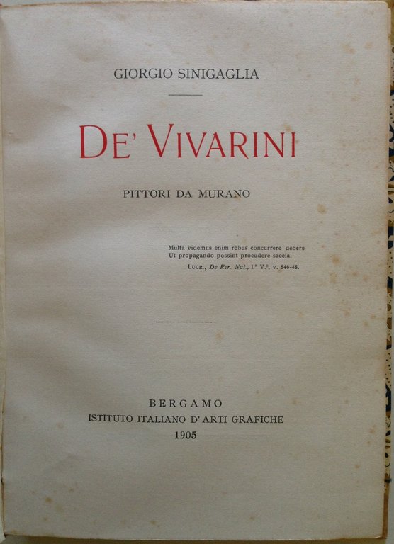 G. Sinigaglia De' Vivarini Pittori da Murano Arti Grafiche Bergamo …