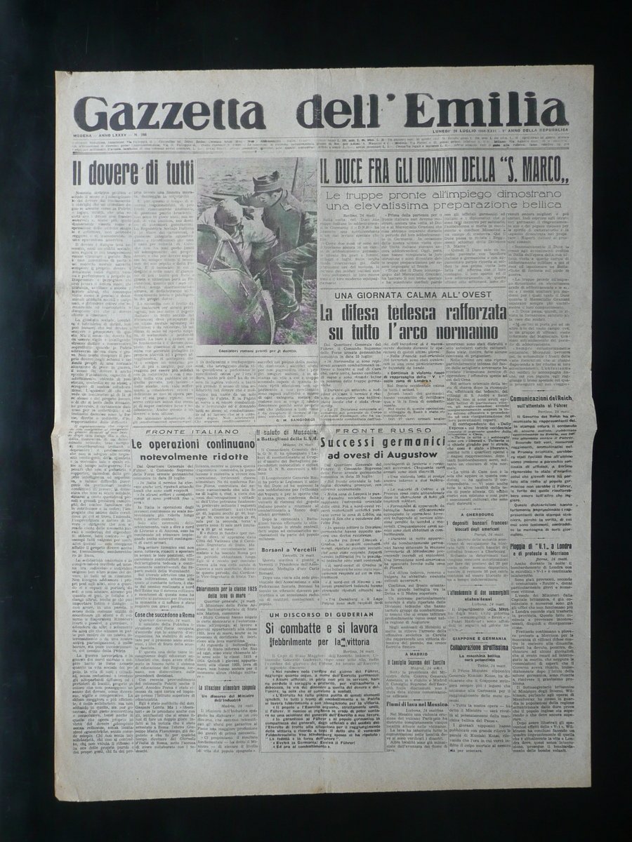 Gazzetta dell'Emilia Anno LXXXV N. 266 24/8/1944 WW2 Reggimento San …
