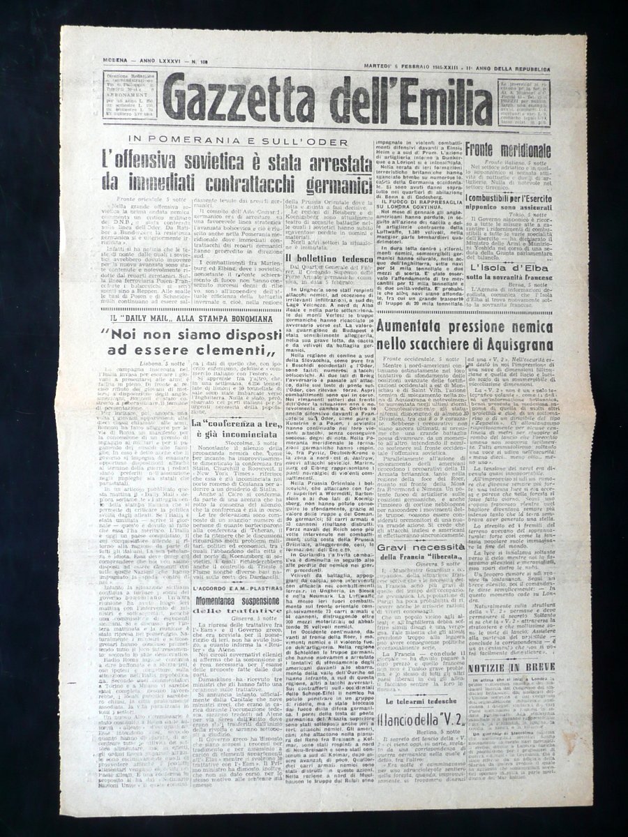 Gazzetta dell'Emilia Anno LXXXVI N.100 6 Febbraio 1945 WW2 2∞Guerra … | Immagine principale
