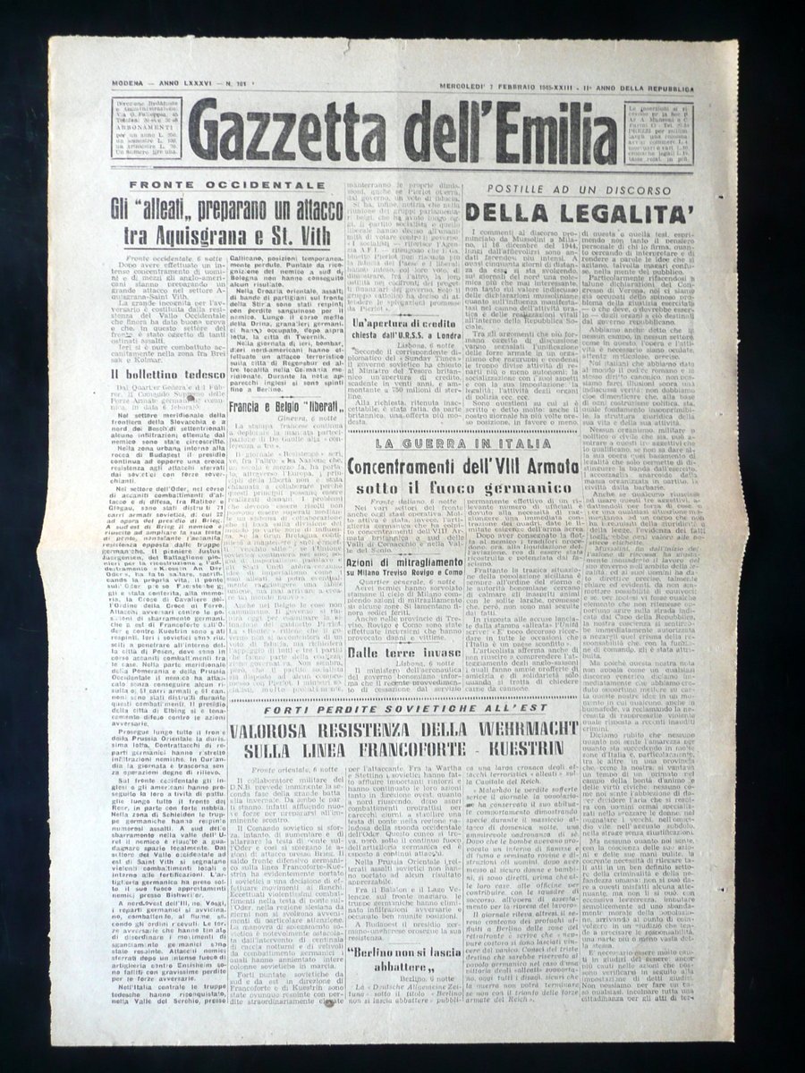 Gazzetta dell'Emilia Anno LXXXVI N.101 7 Febbraio 1945 WW2 2∞Guerra …