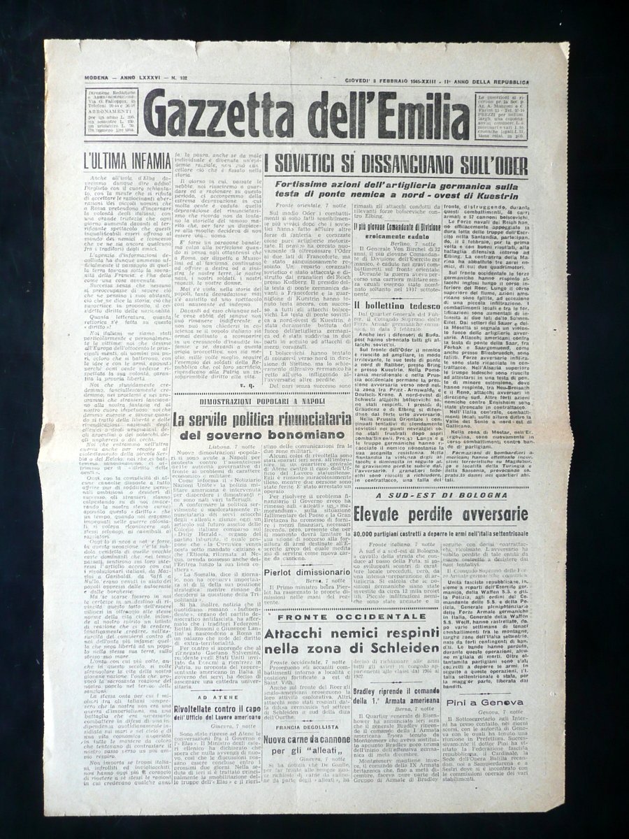 Gazzetta dell'Emilia Anno LXXXVI N.102 8 Febbraio 1945 WW2 2∞Guerra …