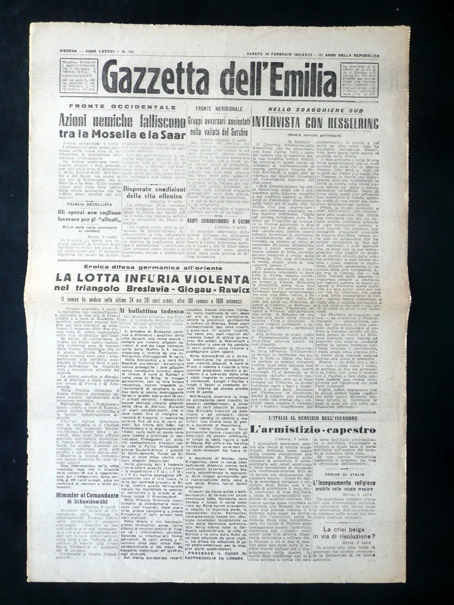 Gazzetta dell'Emilia Anno LXXXVI N. 104 10/2/1945 WW2 2∞ Guerra …