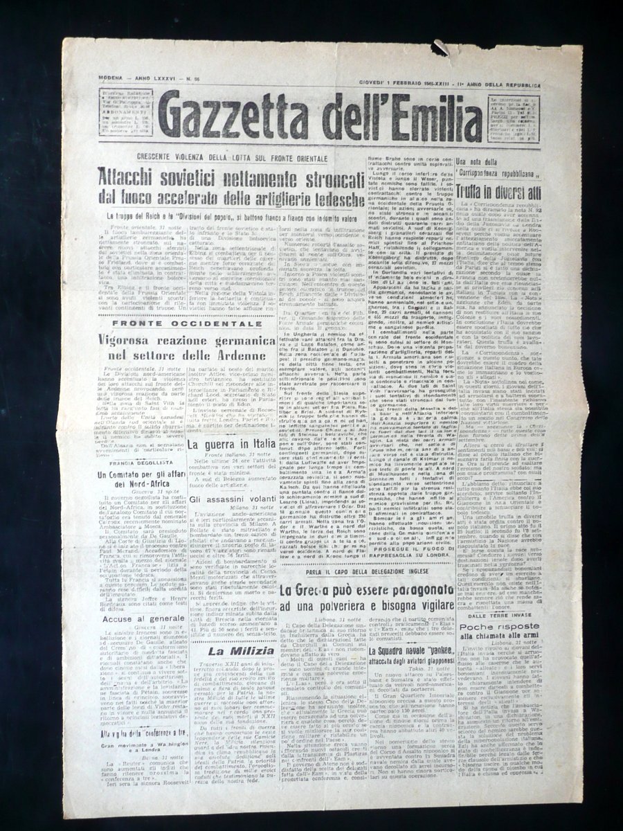 Gazzetta dell'Emilia Anno LXXXVI N. 95 1 Febbraio 1945 WW2 …