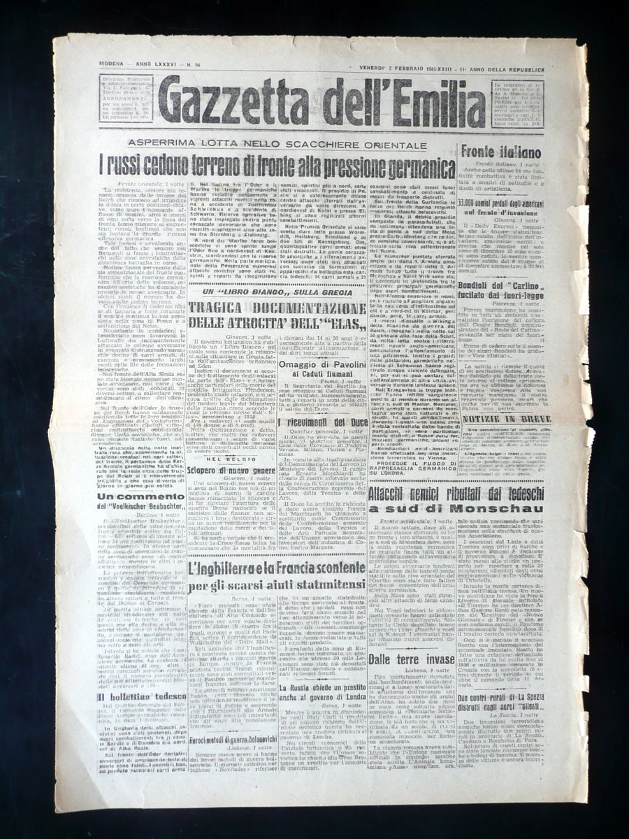 Gazzetta dell'Emilia Anno LXXXVI N. 96 2 Febbraio 1945 WW2 …
