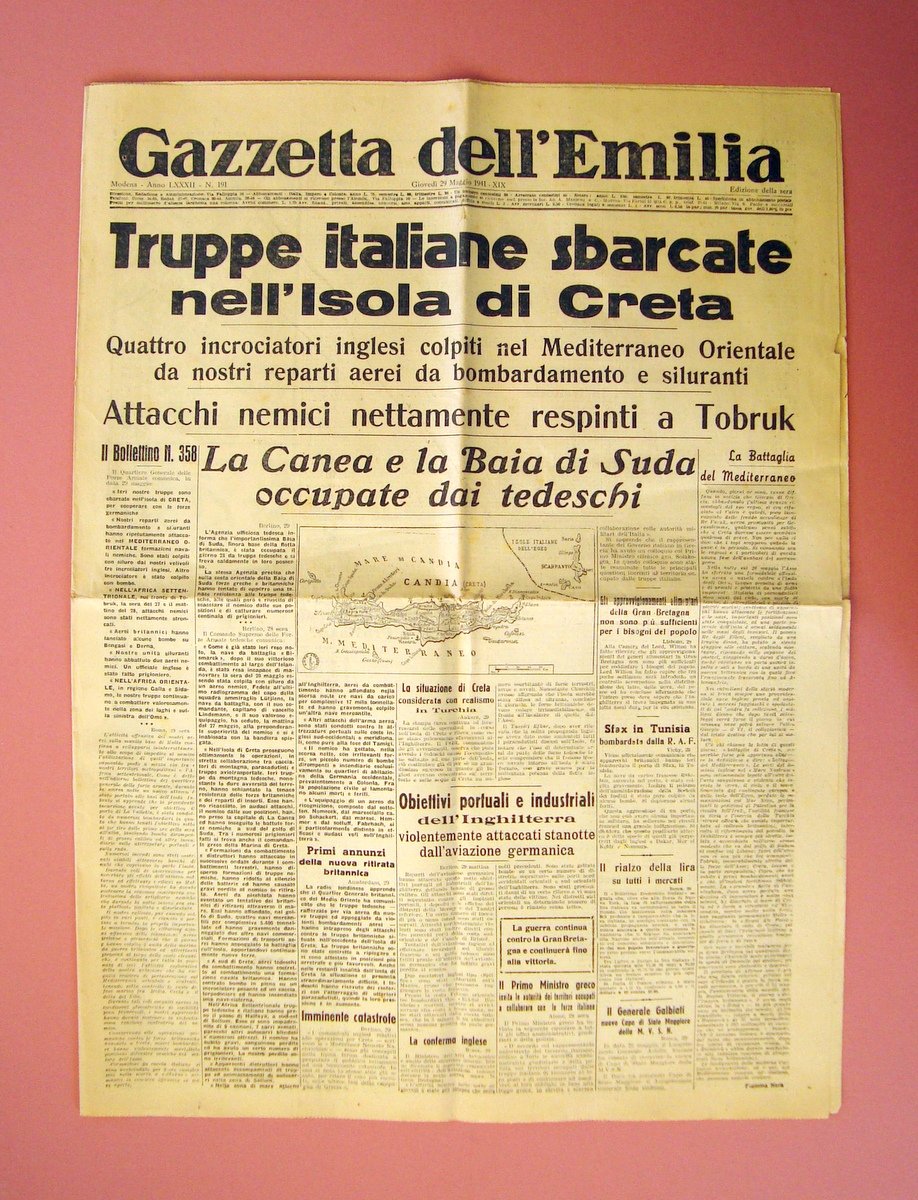 Gazzetta dell'Emilia n.191 29/5/1941 Truppe Italiane sbarcate a Creta