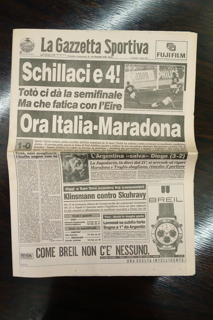 GAZZETTA DELLO SPORT MONDIALI ITALIA 1990 SCHILLACI EIRE MARADONA 1/7/1990 …