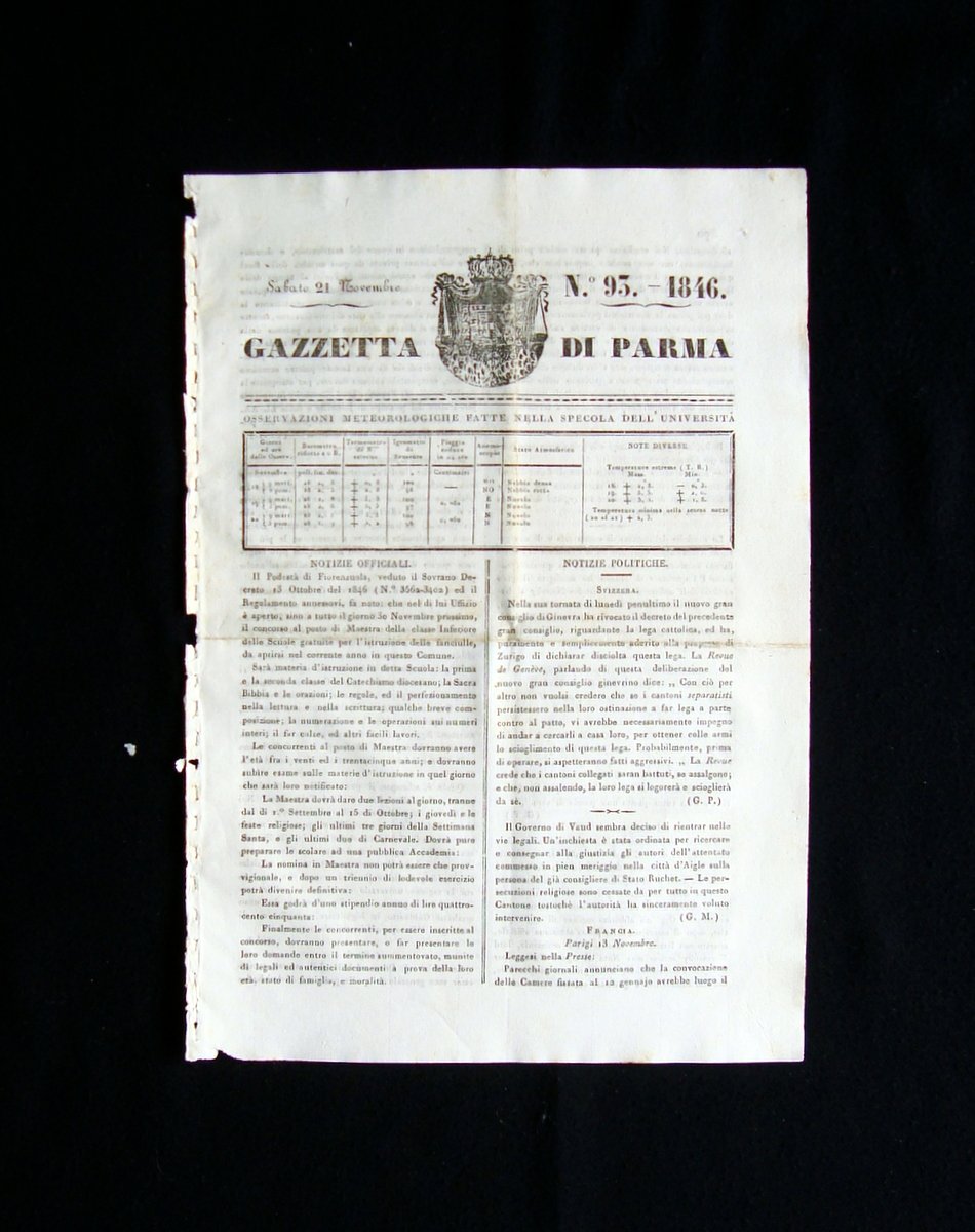 Gazzetta di Parma N 93 21 Novembre 1846 Ducato stemma