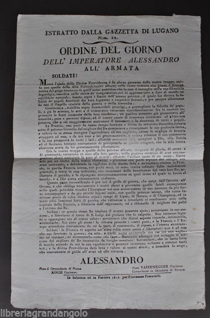 Gazzetta Lugano Imperatore Alessandro Russia Napoleone Francia 1815 | Immagine principale
