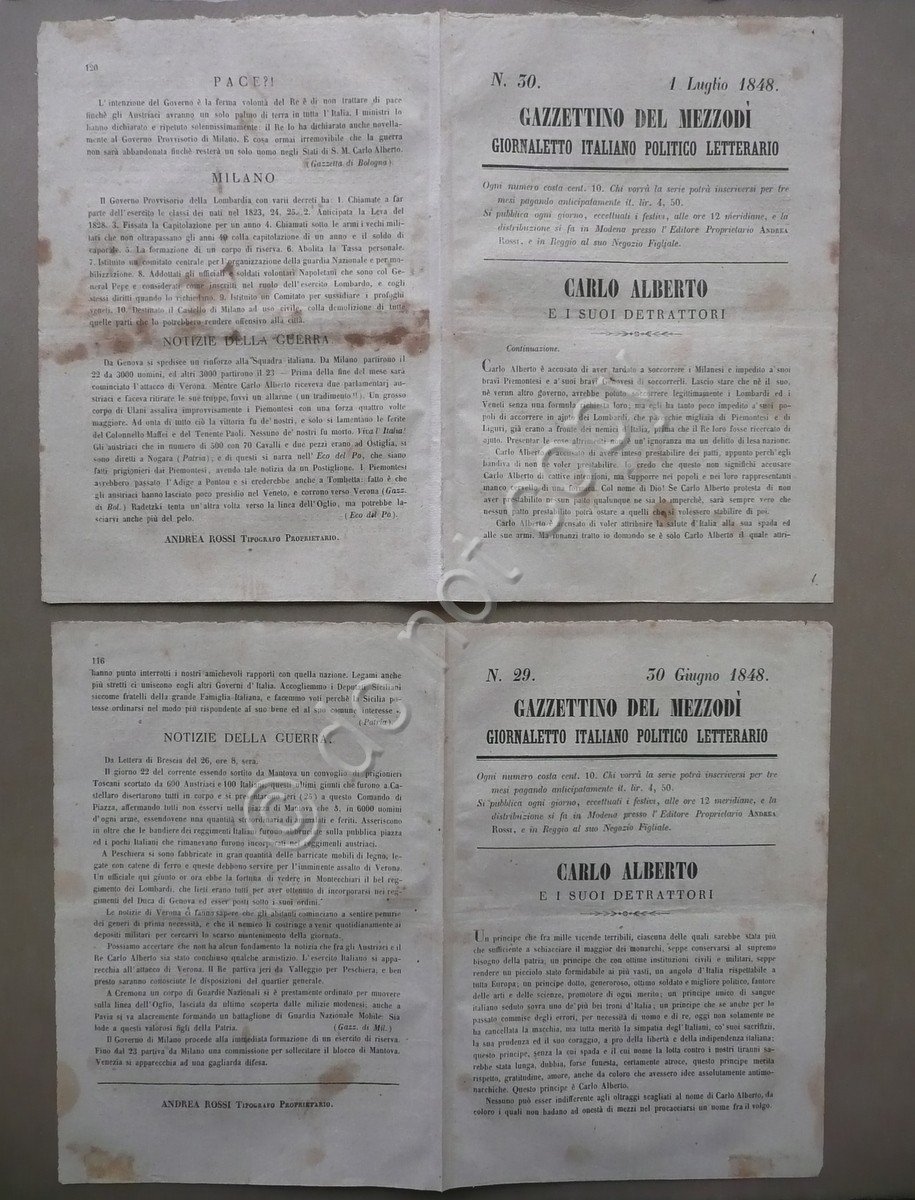 Gazzettino del MezzodÏ 30 Giugno 1 Luglio 1848 Carlo Alberto … | Immagine principale