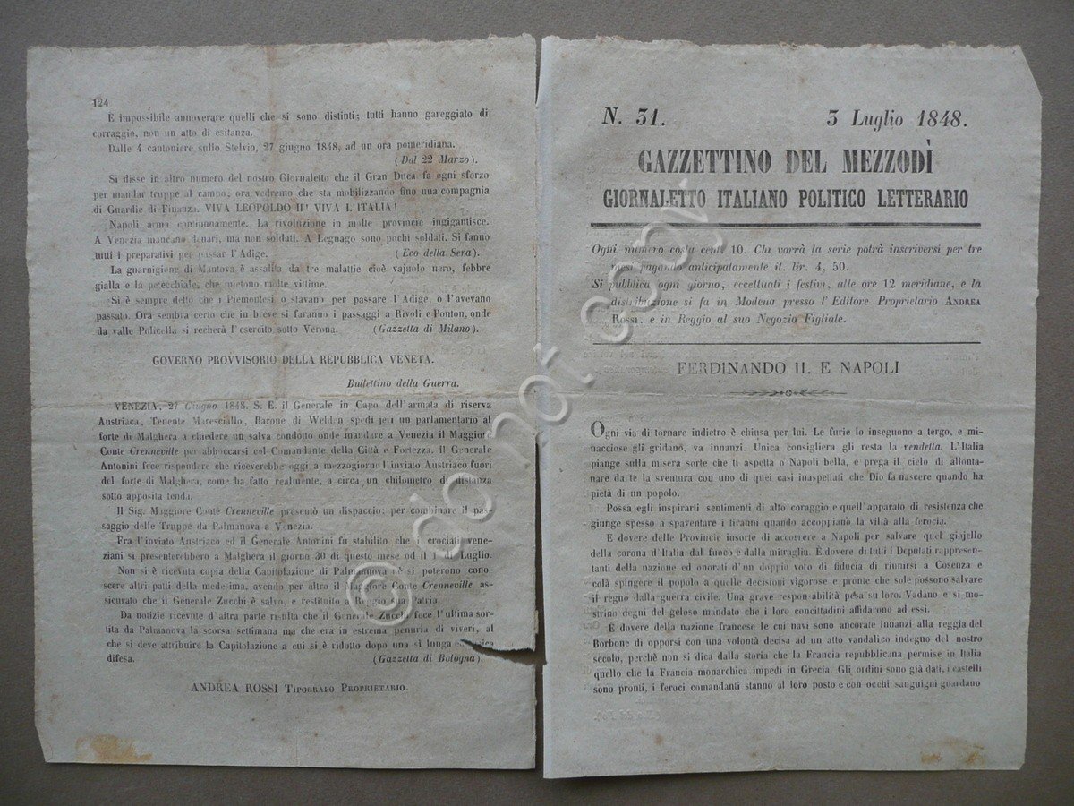 Gazzettino del MezzodÏ N.31 3 Luglio 1848 Ferdinando II Risorgimento … | Immagine principale