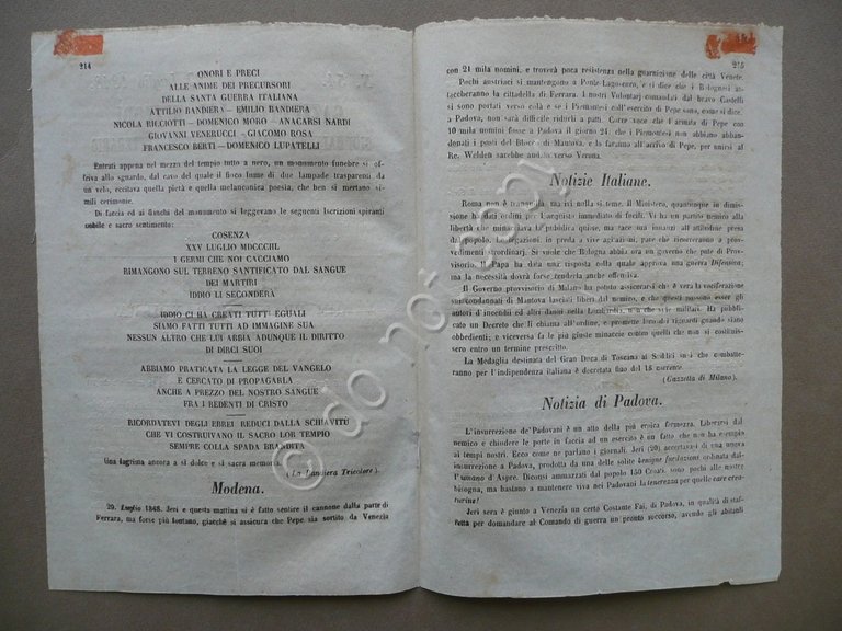 Gazzettino MezzodÏ N.54 29 Luglio 1848 Funerale Fratelli Bandiera Risorgimento