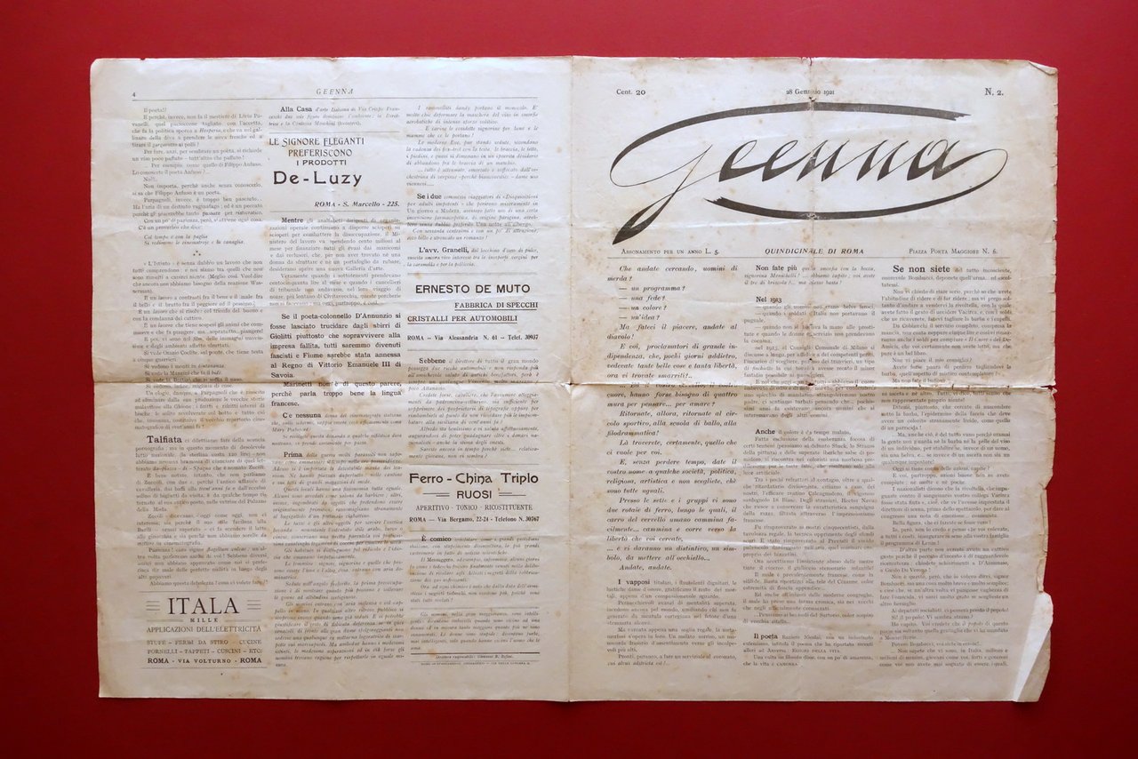Geenna Giornale Quindicinale di Roma Num. 2 28/1/1921 D'Annunzio Marinetti …